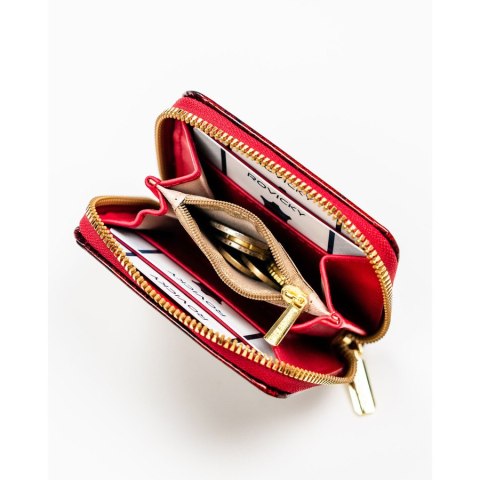 Elegancki portfel damski wykonany ze skóry ekologicznej w czerwonym kolorze ze wzorem w kwiaty - Rovicky