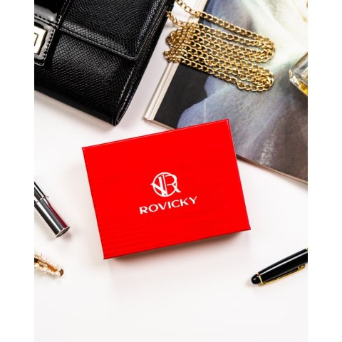 Elegancki portfel damski wykonany ze skóry ekologicznej w czerwonym kolorze ze wzorem w kwiaty - Rovicky