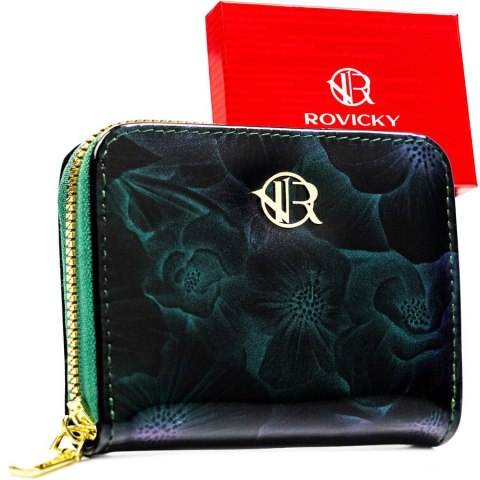 Elegancki portfel damski wykonany ze skóry ekologicznej w zielonym kolorze ze wzorem w kwiaty - Rovicky