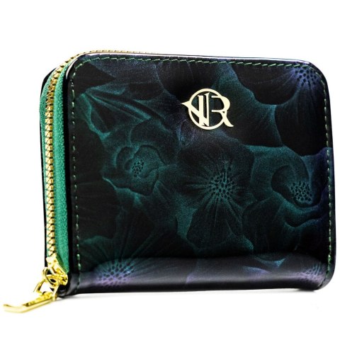 Elegancki portfel damski wykonany ze skóry ekologicznej w zielonym kolorze ze wzorem w kwiaty - Rovicky