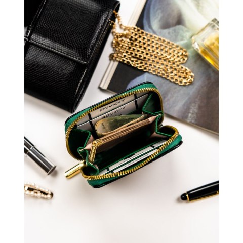 Elegancki portfel damski wykonany ze skóry ekologicznej w zielonym kolorze ze wzorem w kwiaty - Rovicky