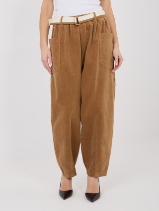 Camelowe Spodnie Sztruksowe Damskie Carrot RUE PARIS z Paskiem