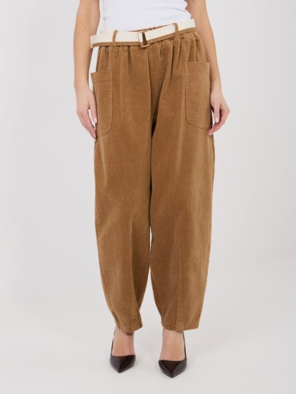 Camelowe Spodnie Sztruksowe Damskie Carrot RUE PARIS z Paskiem