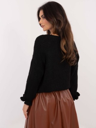 Czarny sweter damski oversize z falbankami i dodatkiem wełny ITALY MODA