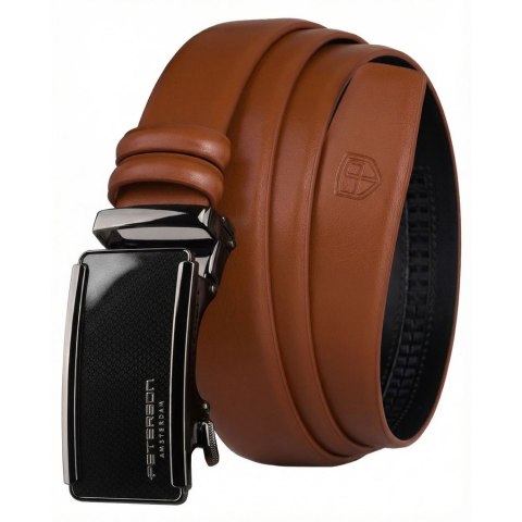 Elegancki, skórzany pasek męski w jasnobrązowym kolorze z automatyczną klamrą - Peterson