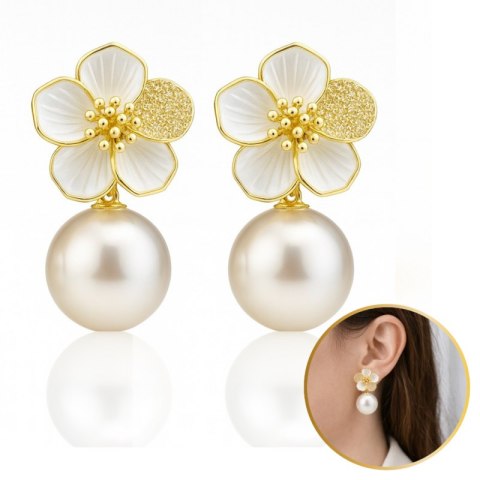 Kolczyki ze stali szlachetnej pozłacane 14k złotem, wiszące Perły z Kwiatem KST3513