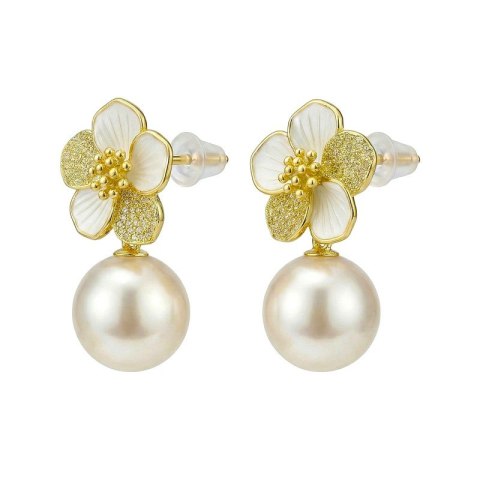 Kolczyki ze stali szlachetnej pozłacane 14k złotem, wiszące Perły z Kwiatem KST3513