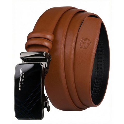 Pasek męski w jasnobrązowym kolorze wykonany ze skóry naturalnej z automatyczną, czarną klamrą - Peterson