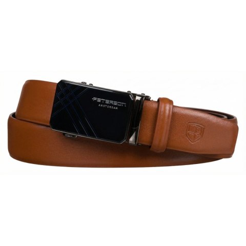 Pasek męski w jasnobrązowym kolorze wykonany ze skóry naturalnej z automatyczną, czarną klamrą - Peterson