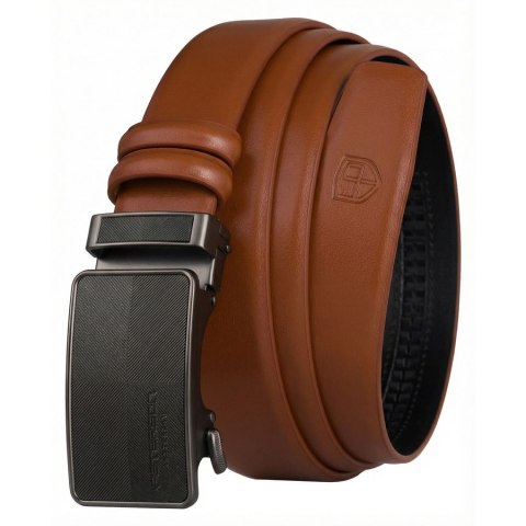 Skórzany pasek męski w jasnobrązowym kolorze z automatyczną, czarną klamrą - Peterson