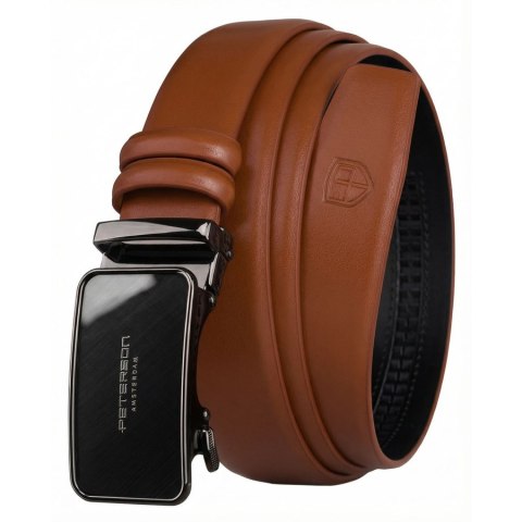 Skórzany, stylowy pasek męski w jasnobrązowym kolorze z automatyczną, czarną klamrą - Peterson