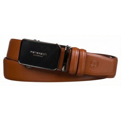 Skórzany, stylowy pasek męski w jasnobrązowym kolorze z automatyczną, czarną klamrą - Peterson