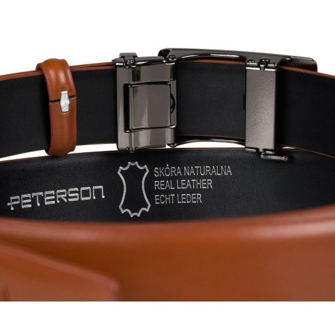 Skórzany, stylowy pasek męski w jasnobrązowym kolorze z automatyczną, czarną klamrą - Peterson