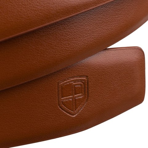 Skórzany, stylowy pasek męski w jasnobrązowym kolorze z automatyczną, czarną klamrą - Peterson