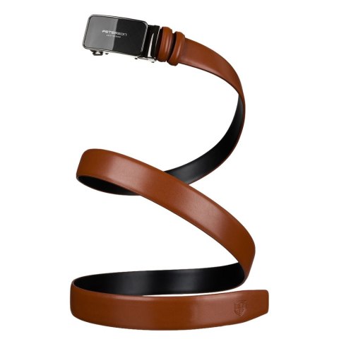 Skórzany, stylowy pasek męski w jasnobrązowym kolorze z automatyczną, czarną klamrą - Peterson