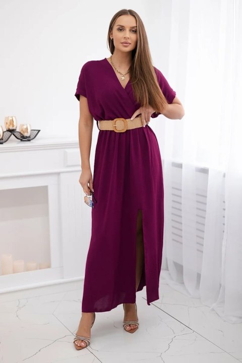 długa sukienka damska śliwkowa z rozcięciem