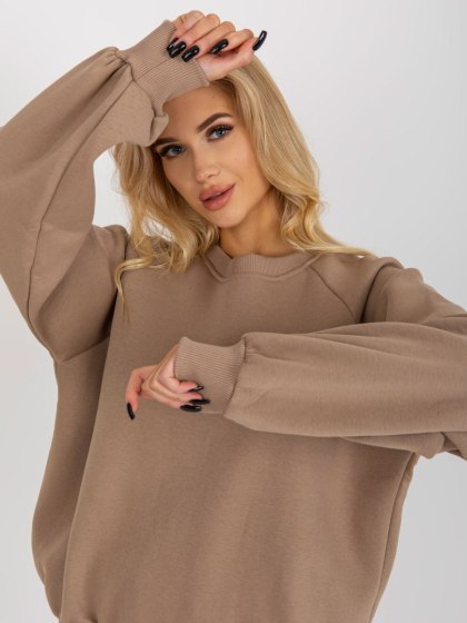 Ciemnobeżowa ocieplana bluza damska basic EX MODA z bawełny – One Size