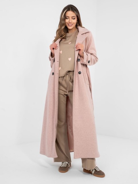 Brudnoróżowy elegancki płaszcz damski dwurzędowy z paskiem MAYA