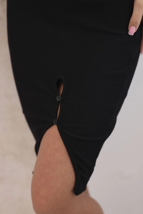 Czarna prążkowana spódnica bawełniana z rozcięciem i ozdobnymi guzikami guzikami czarna