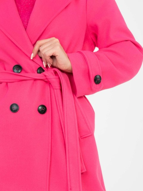 Fluo różowy elegancki płaszcz damski dwurzędowy z paskiem MAYA