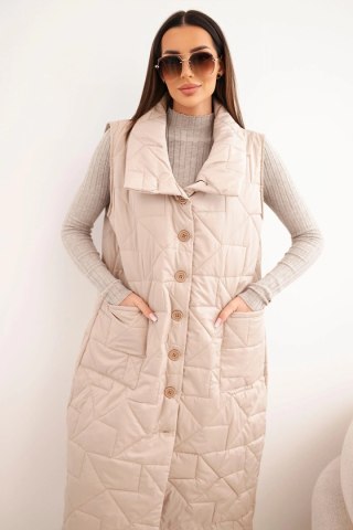 Kamizelka damska pikowana długa z kieszeniami i stójką ciemno beżowa