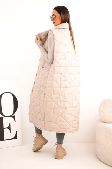 Kamizelka damska pikowana długa z kieszeniami i stójką ciemno beżowa