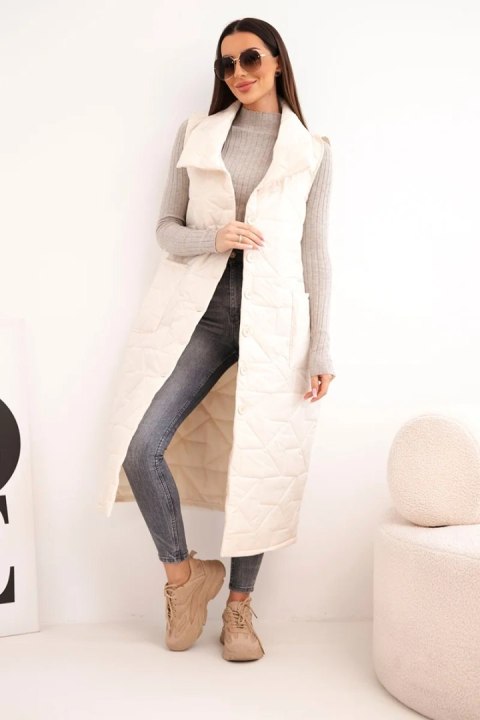 Kamizelka damska pikowana długa z kieszeniami i stójką jasno beżowa