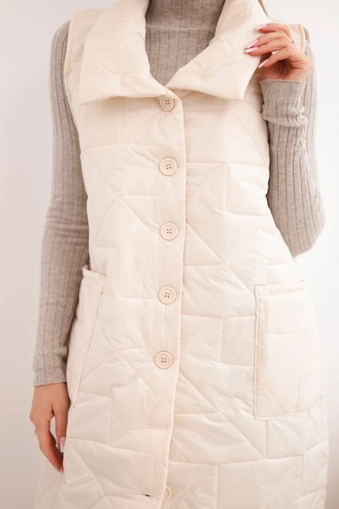 Kamizelka damska pikowana długa z kieszeniami i stójką jasno beżowa