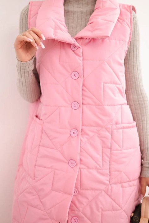 Kamizelka damska pikowana długa z kieszeniami i stójką jasno różowa