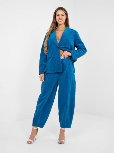 spodnie damskie kobaltowe sztruksowe wysoki stan stylowy wieszak