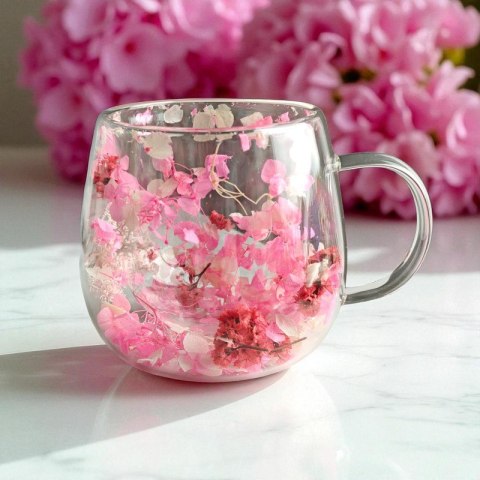 Szklanka termiczna z kwiatami w środku, gipsówka hortensje róż 300 ml 1szt SZK182