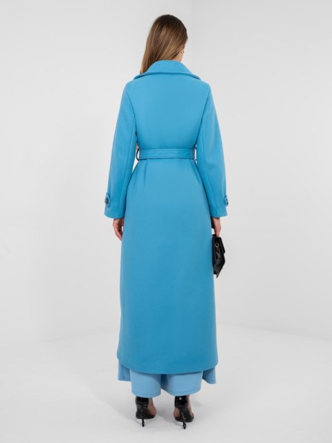Niebieski elegancki płaszcz damski dwurzędowy z paskiem MAYA