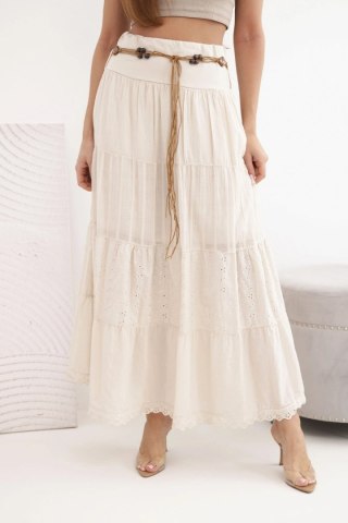 Spódnica damska maxi bawełniana z ażurowym haftem i elastycznym pasem beżowa