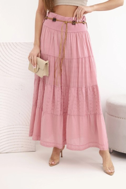 Spódnica damska maxi bawełniana z ażurowym haftem i elastycznym pasem ciemno różowa