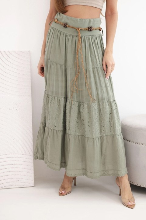 Spódnica damska maxi bawełniana z ażurowym haftem i elastycznym pasem khaki