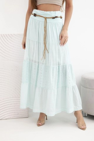 Spódnica damska maxi bawełniana z ażurowym haftem i elastycznym pasem miętowa