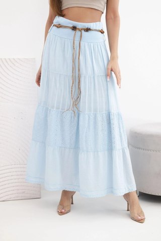 Spódnica damska maxi bawełniana z ażurowym haftem i elastycznym pasem niebieska