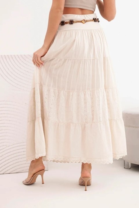 Spódnica damska maxi bawełniana z ażurowym haftem i elastycznym pasem beżowa