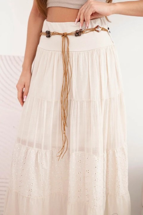 Spódnica damska maxi bawełniana z ażurowym haftem i elastycznym pasem beżowa
