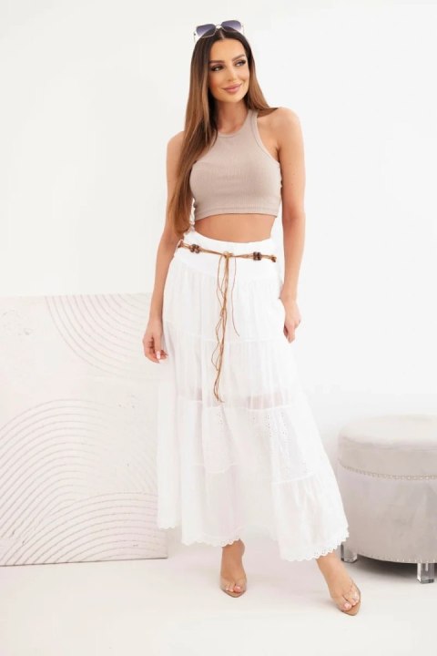 Spódnica damska maxi bawełniana z ażurowym haftem i elastycznym pasem biała