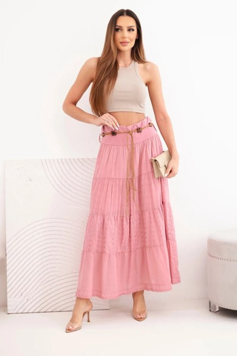 Spódnica damska maxi bawełniana z ażurowym haftem i elastycznym pasem ciemno różowa