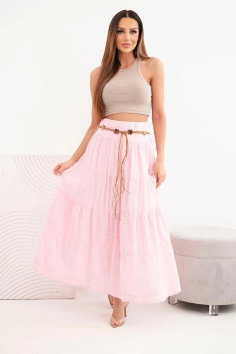 Spódnica damska maxi bawełniana z ażurowym haftem i elastycznym pasem cukierkowy róż