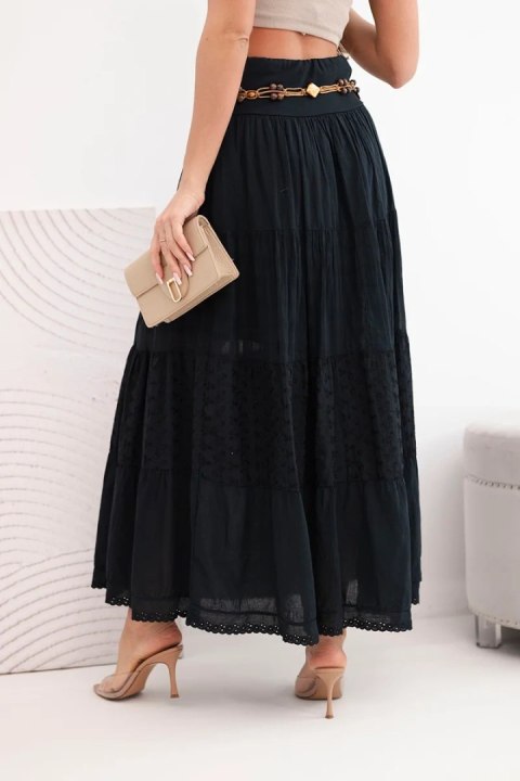 Spódnica damska maxi bawełniana z ażurowym haftem i elastycznym pasem czarna