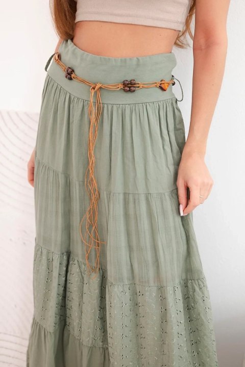 Spódnica damska maxi bawełniana z ażurowym haftem i elastycznym pasem khaki