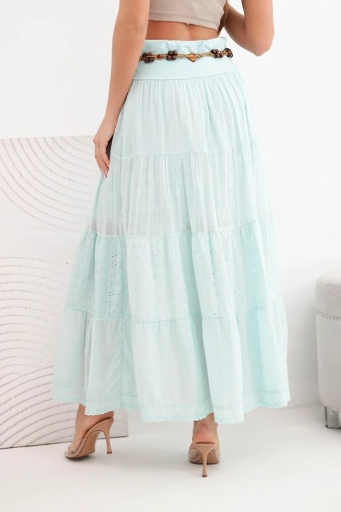Spódnica damska maxi bawełniana z ażurowym haftem i elastycznym pasem miętowa