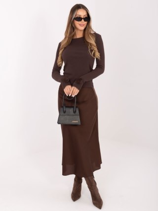 Czekoladowa prążkowana bluzka damska RUE PARIS bawełniana dopasowana z długim rękawem