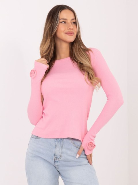 jasnoróżowa bluzka damska prążkowana RUE PARIS dopasowana bawełniana