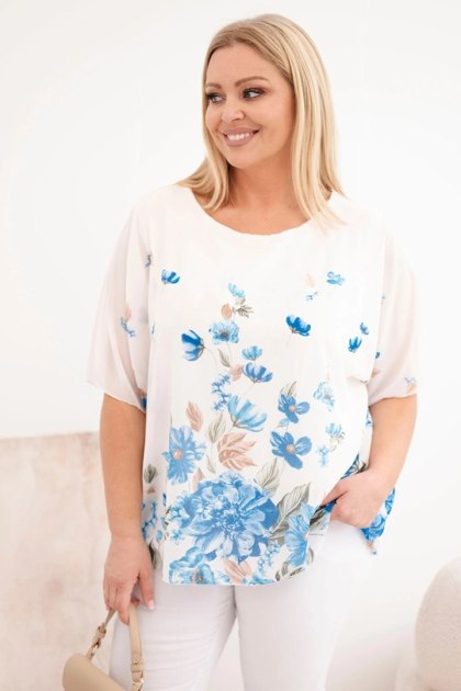 Bluzka damska Plus Size z krótkim rękawem i kwiatowym printem niebieska