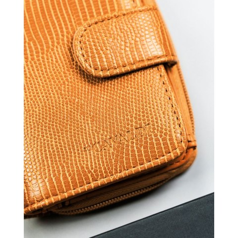 Brązowy portfel damski ze skóry ekologicznej z tłoczonym wzorem skóry krokodyla - 4U Cavaldi