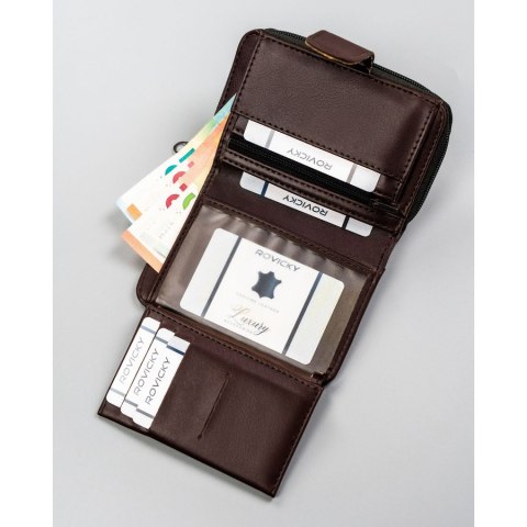 Brązowy portfel damski ze skóry ekologicznej zamykany na zatrzask i suwak - 4U Cavaldi